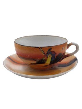 Porcelain Tea Cup Saucer Hand Painted Windmill Chikaramachi Japan CHK10 Vintage